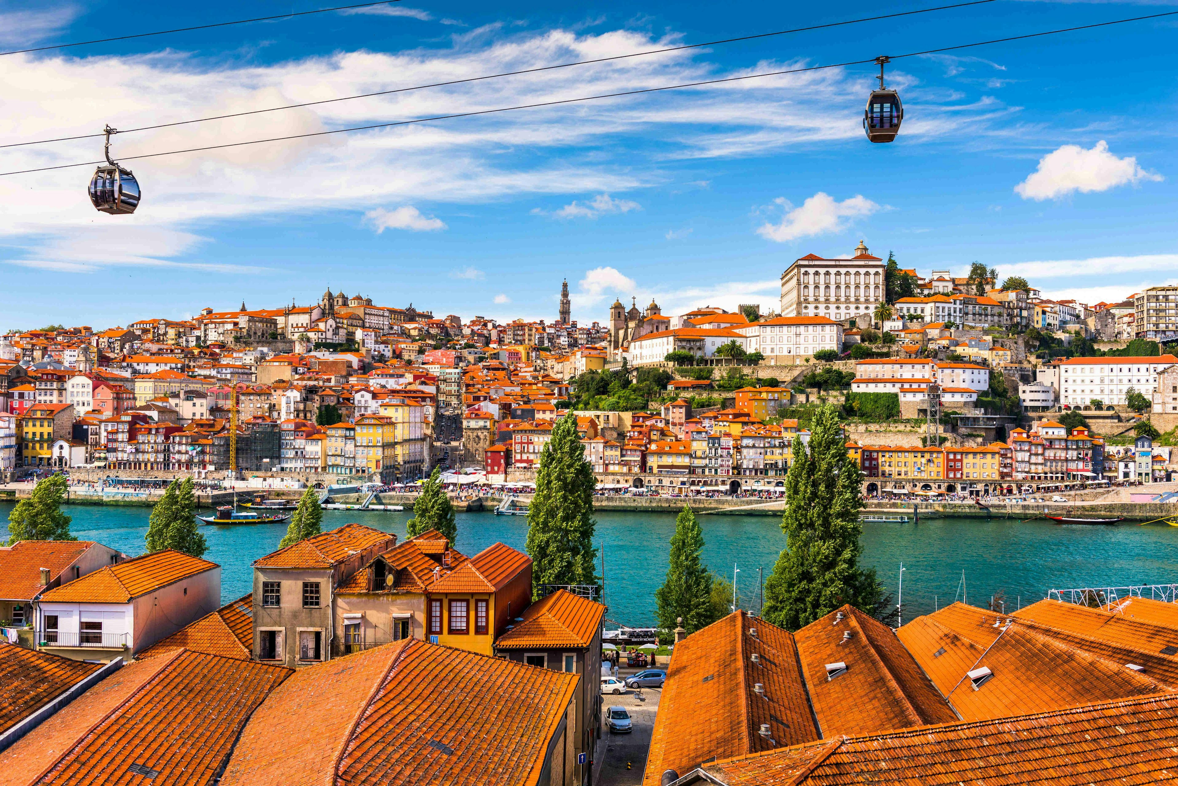 Aerial view of Porto showcasing both riverbanks, with cable cars moving parallel to the serene Douro River.