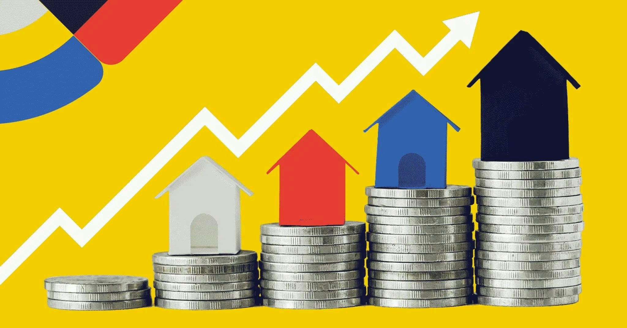 Illustration of coin stacks in ascending order, symbolizing financial growth, with homes perched atop the highest stack. Yellow background.