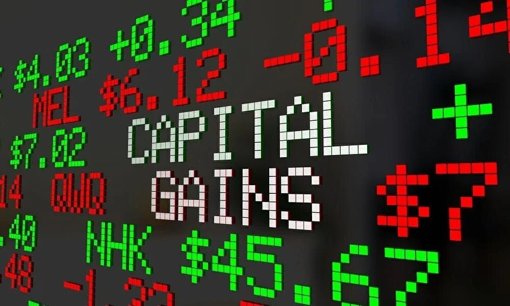 Black background with red and green currencies and numbers, centrally featuring the text Capital Gains.