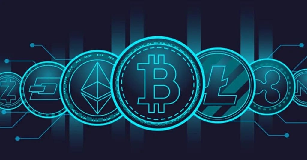Blue and black background with various cryptocurrency symbols surrounding a bitcoin in the center.