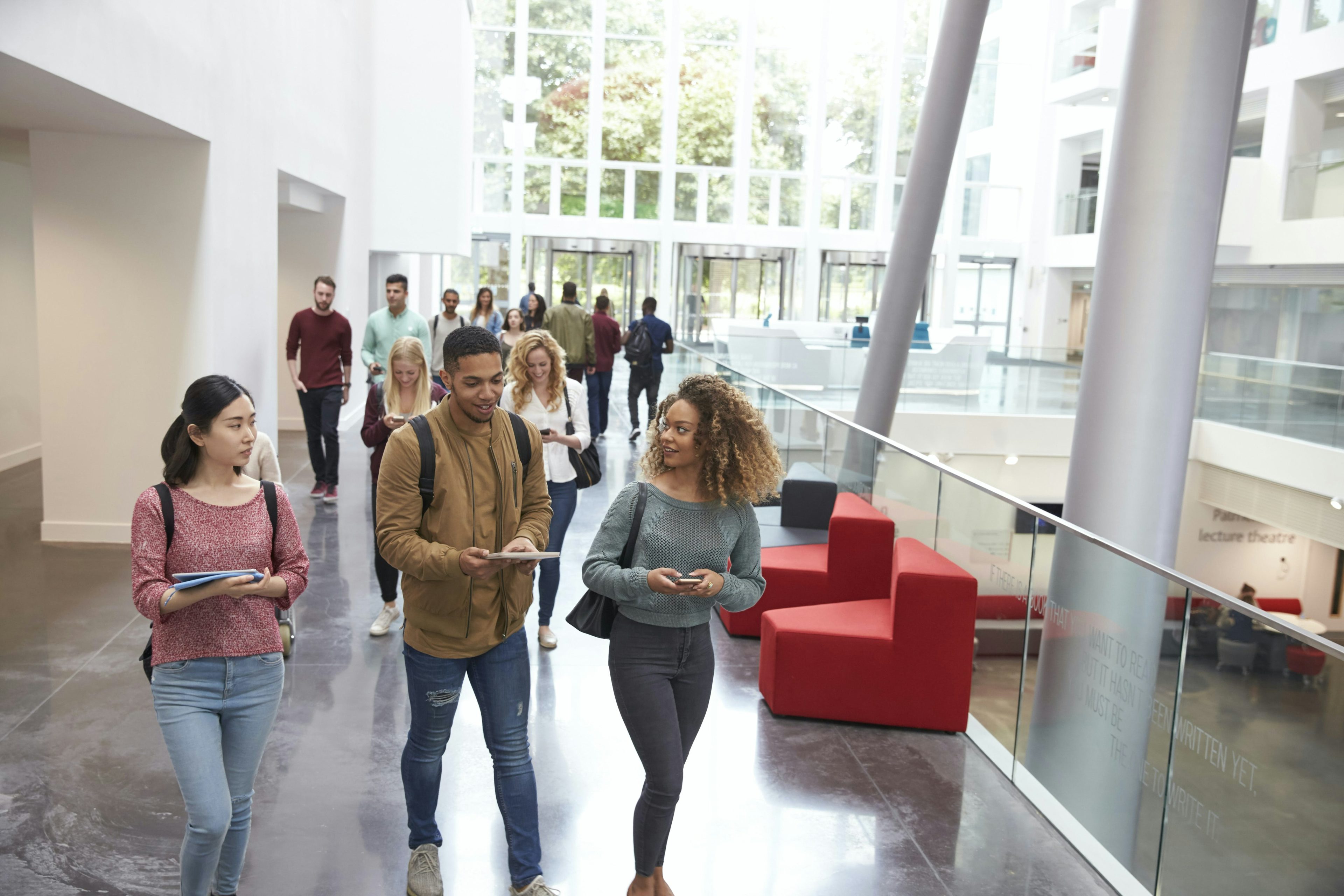 Students walking in an university hallway
