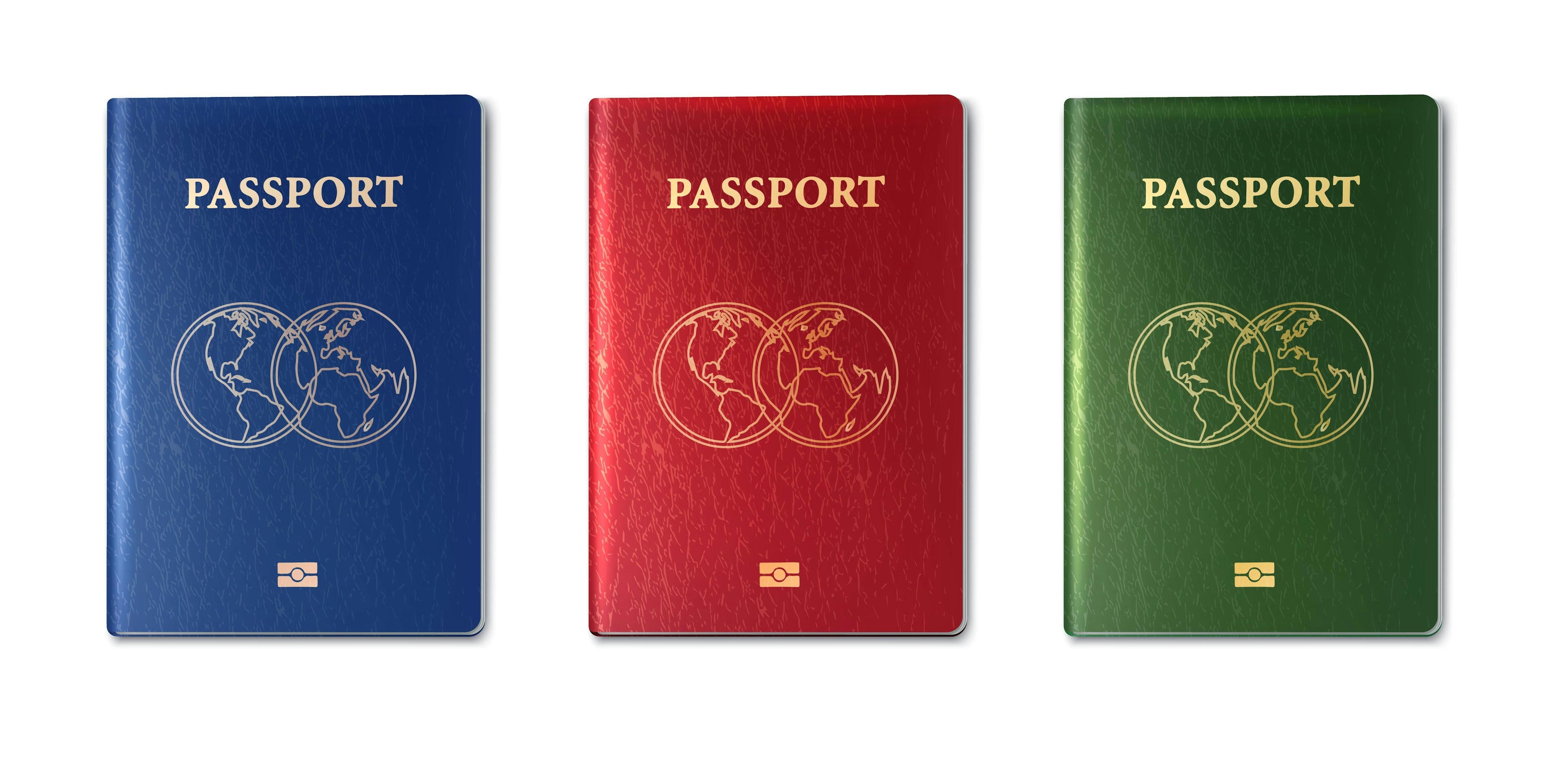 a picture set of three different passports, one blue, one red and one green